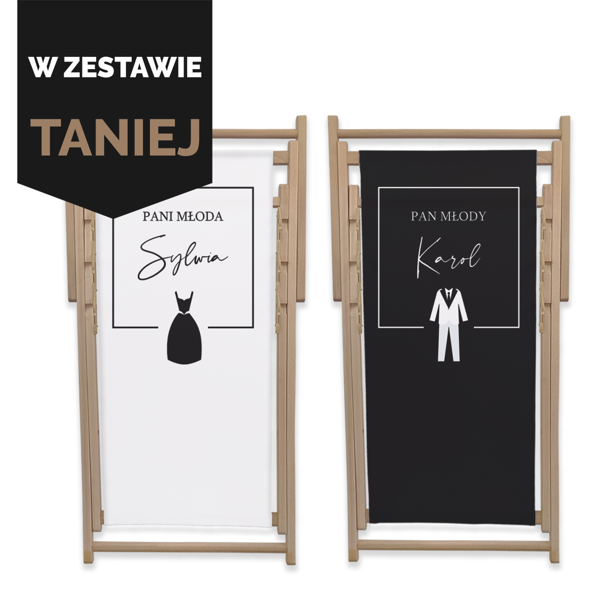 Zestaw dwóch leżaków na ślub | Pani młoda i Pan młody + imiona