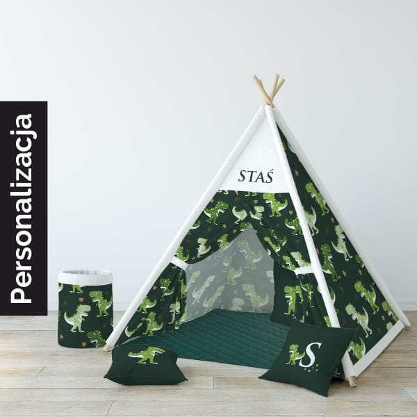 Namiot TIPI dla dzieci DINO WORLD wzór D43 | zielone dinozaury