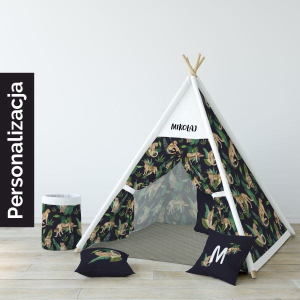 Namiot TIPI dla dzieci WILD SAFARI wzór D104 | gepard na granatowym tle