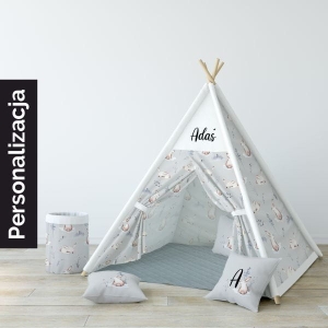Namiot TIPI dla dzieci FOREST FRIENDS wzór D110 | akwarelowe zajączki na szarym tle