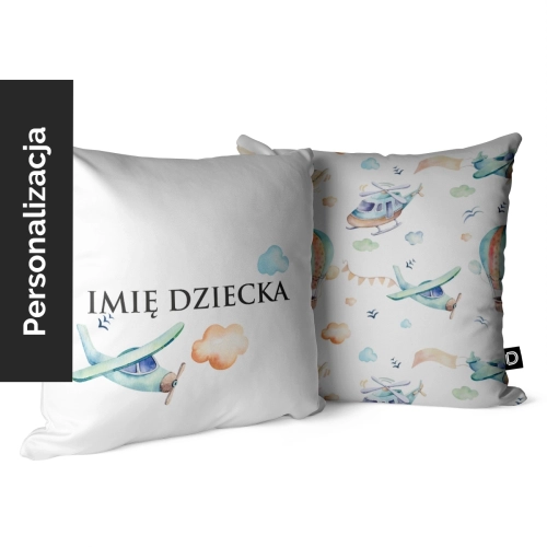 Poduszka dla dzieci UNIQUE JOURNEY wzór D67 z imieniem | samoloty, helikoptery i balony