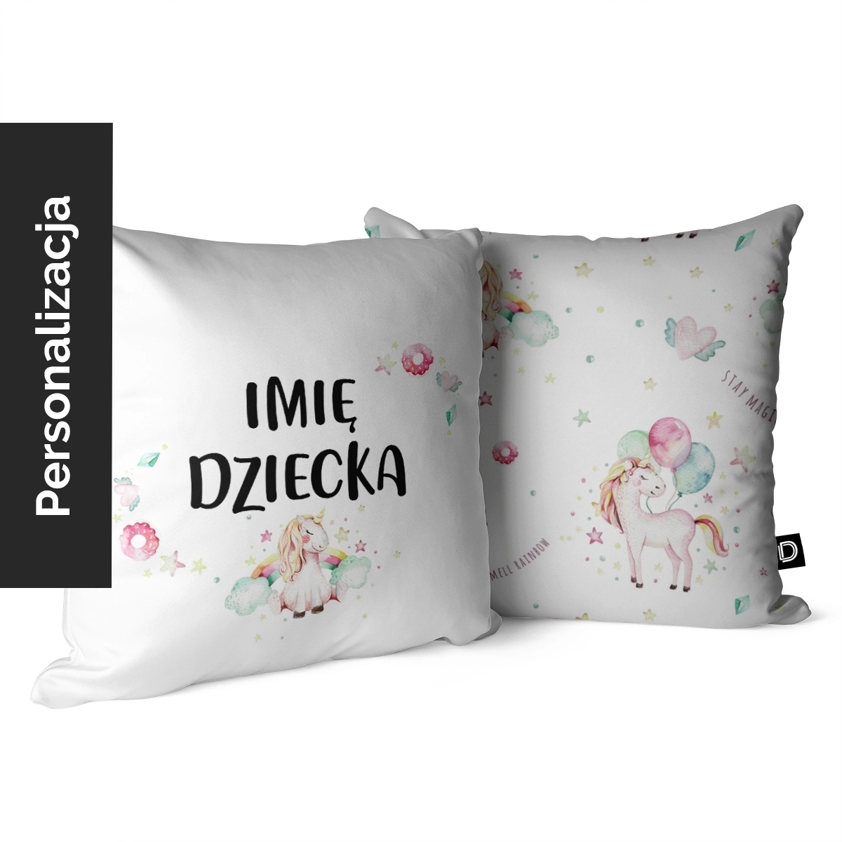 Poduszka dla dzieci MAGIC UNICORN wzór D69 z imieniem | magiczny jednorożec z balonami i tęczą