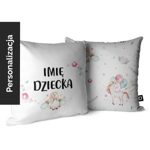 Poduszka dla dzieci MAGIC UNICORN wzór D69 z imieniem | magiczny jednorożec z balonami i tęczą