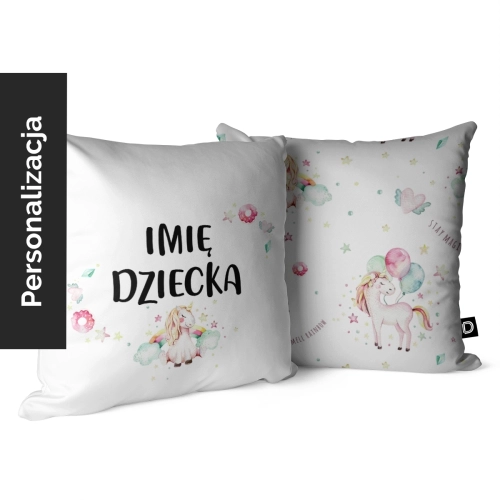 Poduszka dla dzieci MAGIC UNICORN wzór D69 z imieniem | magiczny jednorożec z balonami i tęczą