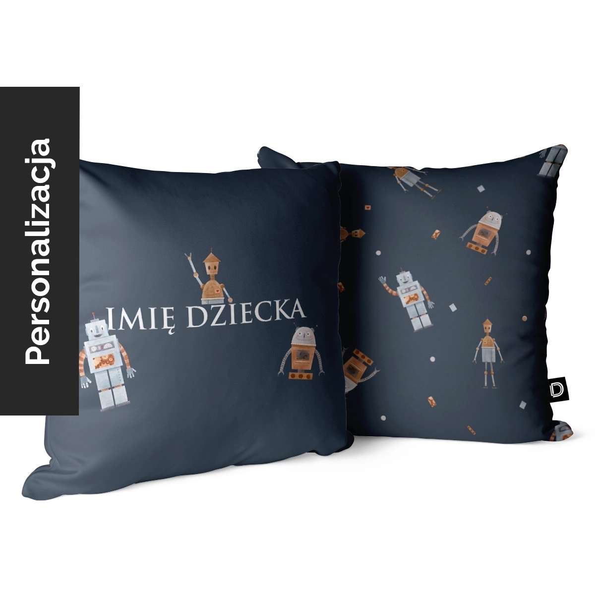 Poduszka dla dzieci UNIQUE JOURNEY wzór D77 z imieniem | roboty na granatowym tle