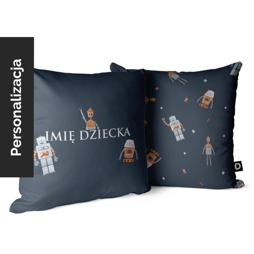 Poduszka dla dzieci UNIQUE JOURNEY wzór D77 z imieniem | roboty na granatowym tle