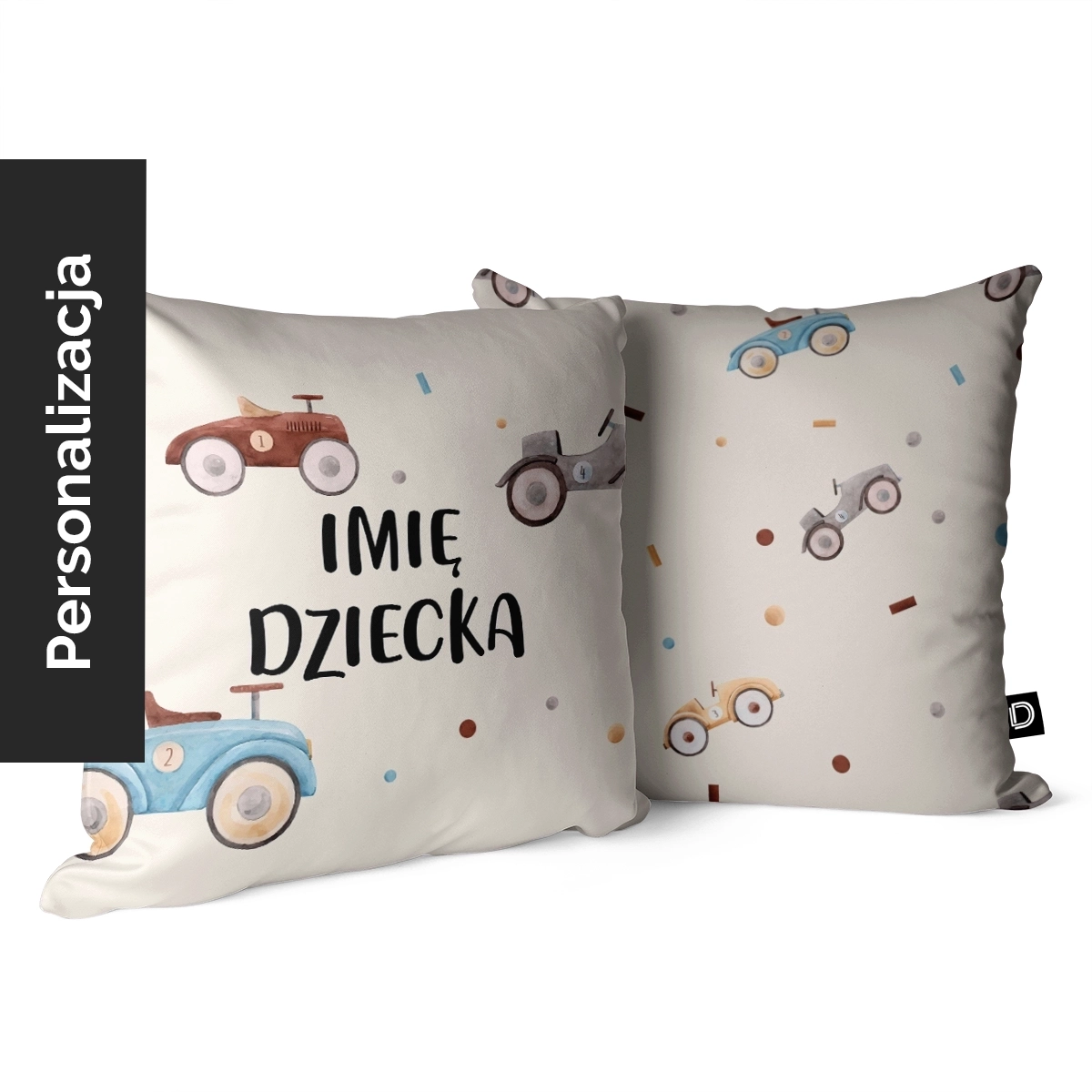 Poduszka dla dzieci UNIQUE JOURNEY wzór D82 z imieniem | samochody retro na beżowym tle