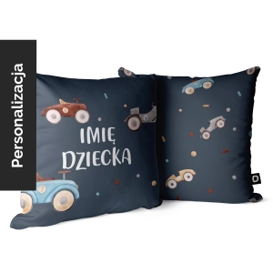 Poduszka dla dzieci UNIQUE JOURNEY wzór D83 z imieniem | samochody retro na granatowym tle