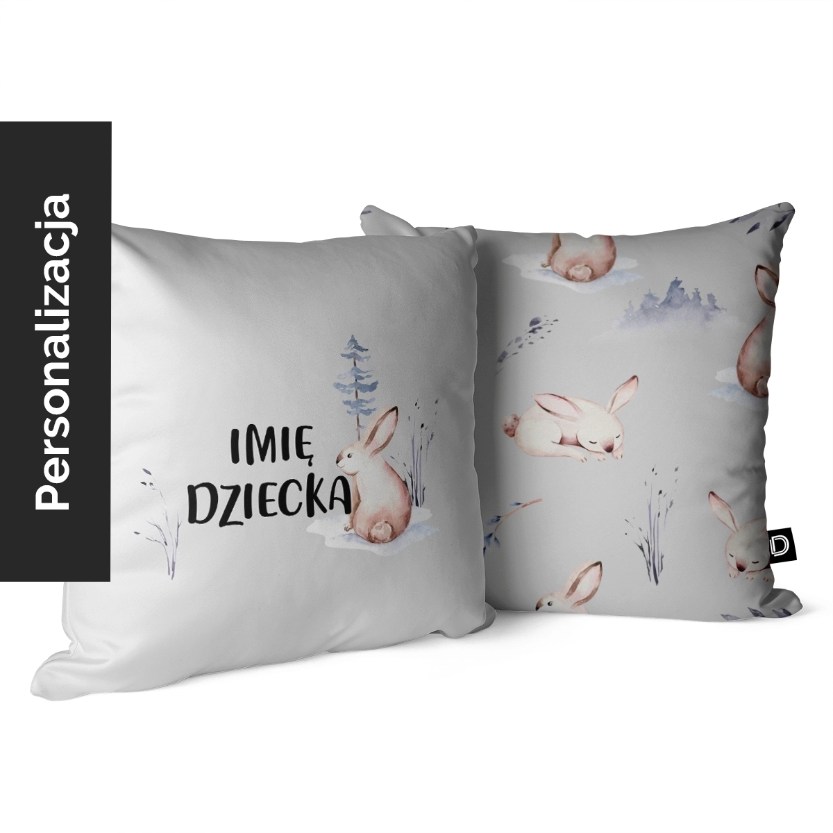 Poduszka dla dzieci FOREST FRIENDS wzór D110 z imieniem | akwarelowe zajączki na szarym tle