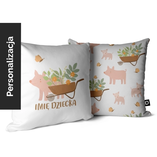 Poduszka dla dzieci LOVELY FARM wzór D153 z imieniem | świnka z taczką