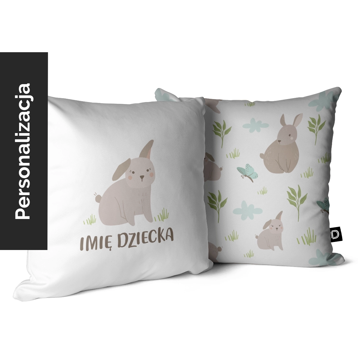 Poduszka dla dzieci LOVELY FARM wzór D154 z imieniem | króliczek z klapniętym uszkiem