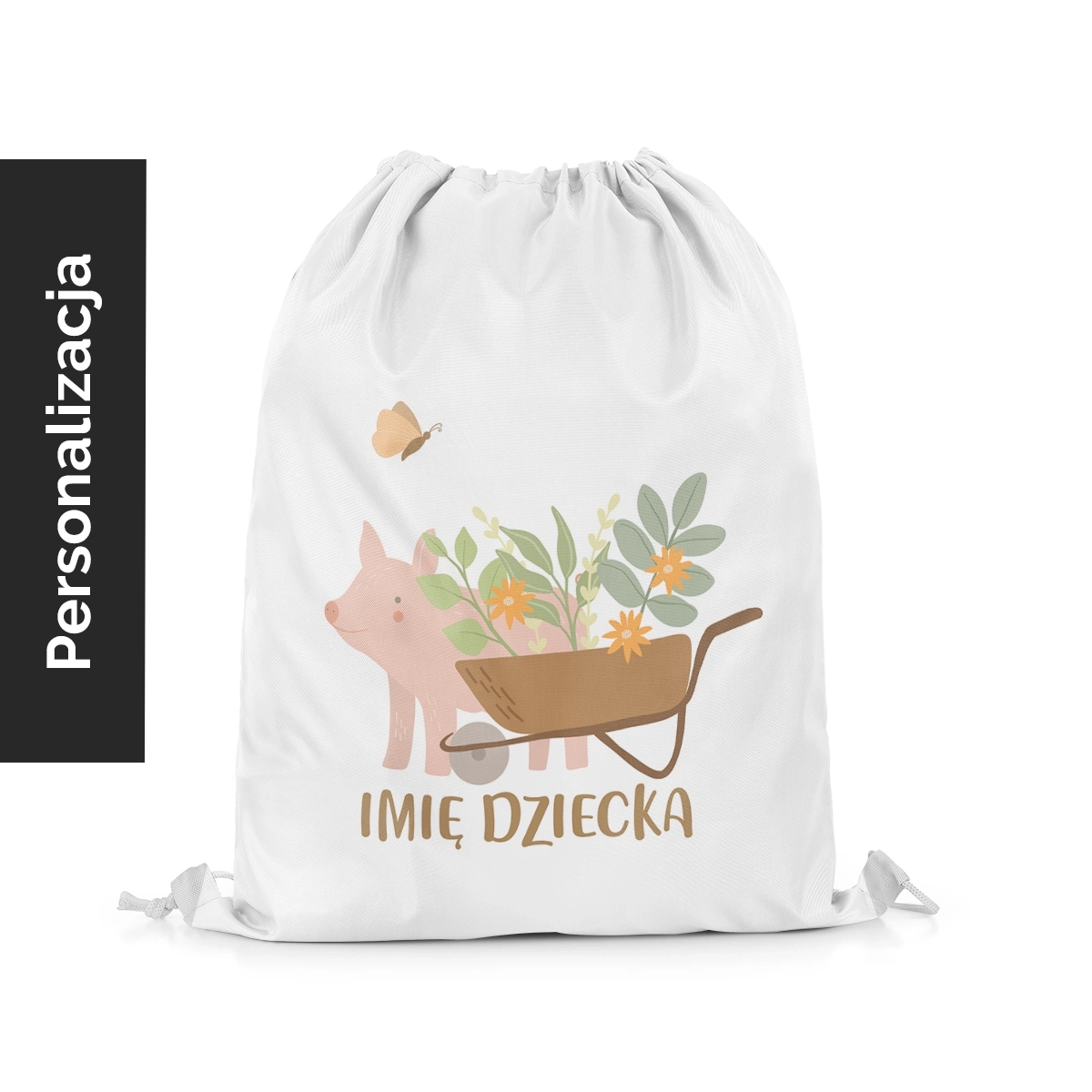 Plecak Worek dla dzieci LOVELY FARM wzór D153 z imieniem | świnka z taczką