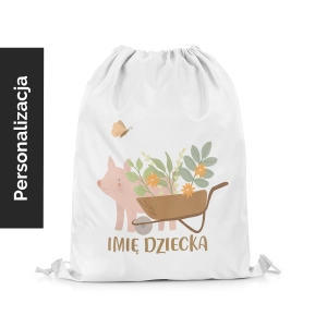 Plecak Worek dla dzieci LOVELY FARM wzór D153 z imieniem | świnka z taczką