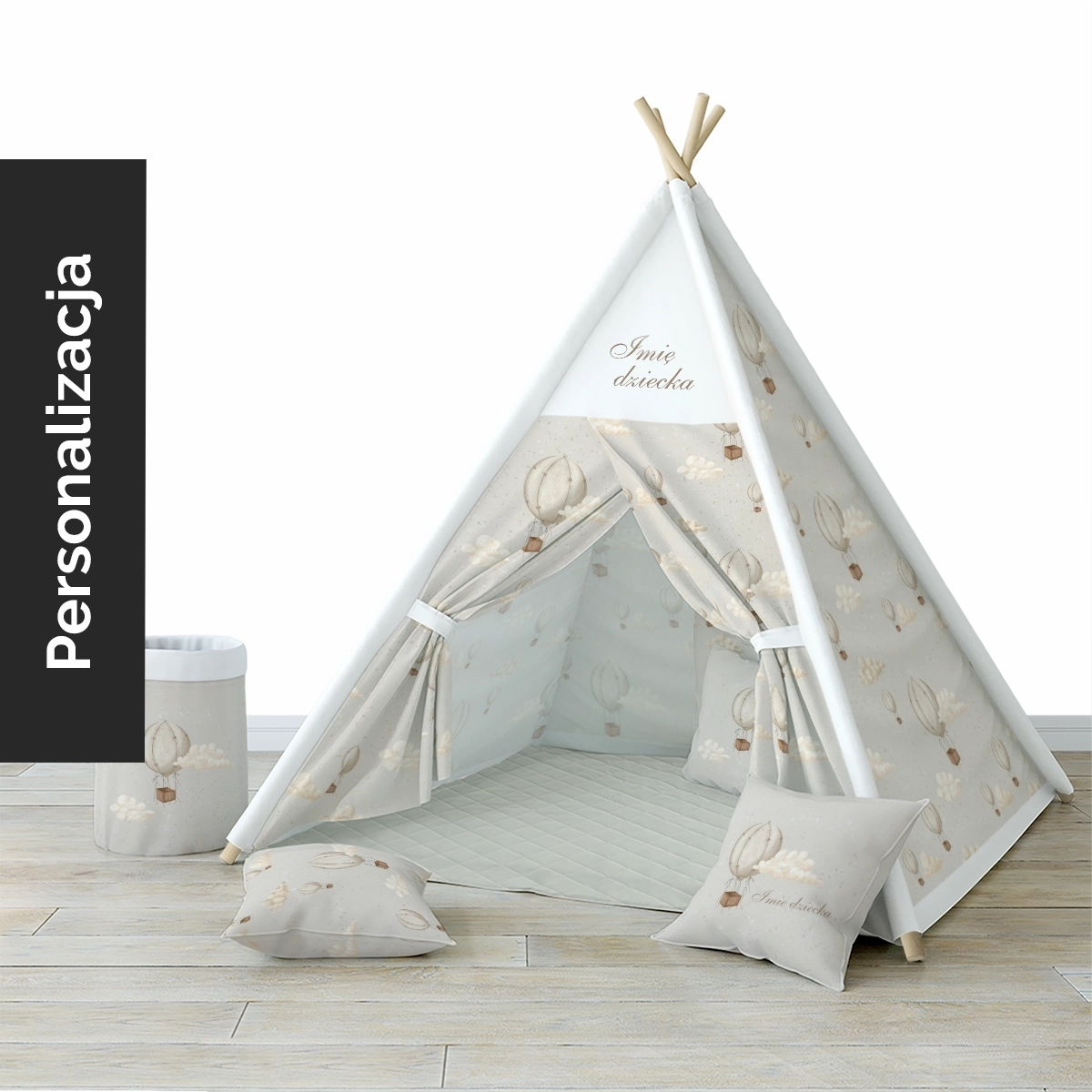 Namiot TIPI dla dzieci OCEAN DREAM wzór D129 | balony w chmurach na beżowym tle