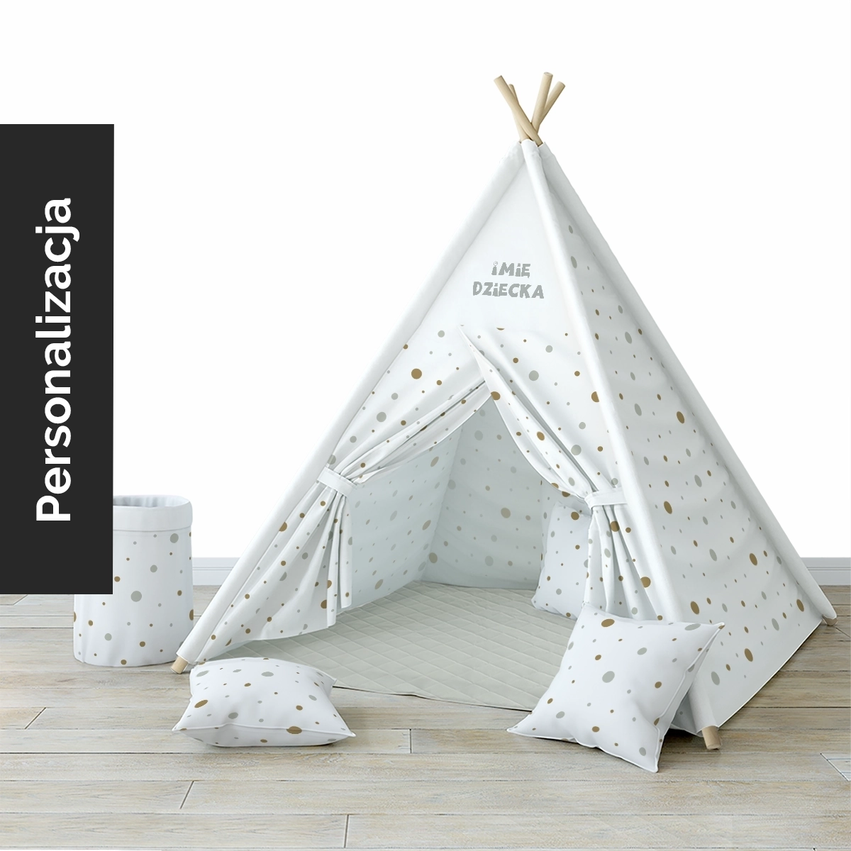 Namiot TIPI dla dzieci MONSTER PARTY wzór D188 | szare i beżowe kropki