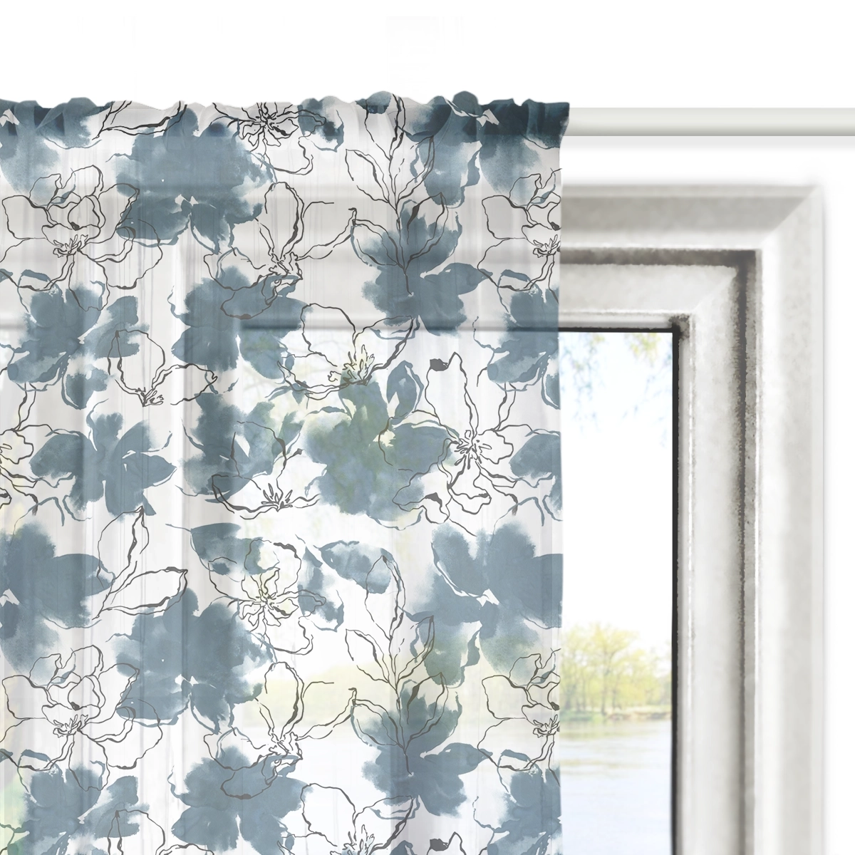 Firana FLORAL wzór F33 | niebieskie akwarelowe kwiaty
