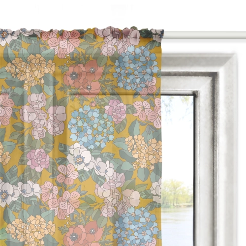 Firana FLORAL wzór F37 | letnie kwiaty na musztardowym tle