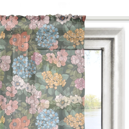 Firana FLORAL wzór F40 | letnie kwiaty na ciemnym tle