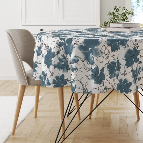 Obrus okrągły FLORAL wzór F33 | niebieskie akwarelowe kwiaty