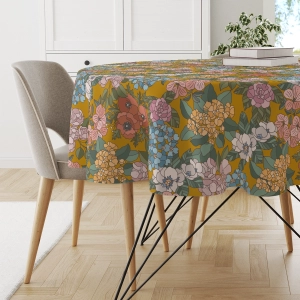 Obrus okrągły FLORAL wzór F37 | letnie kwiaty na musztardowym tle