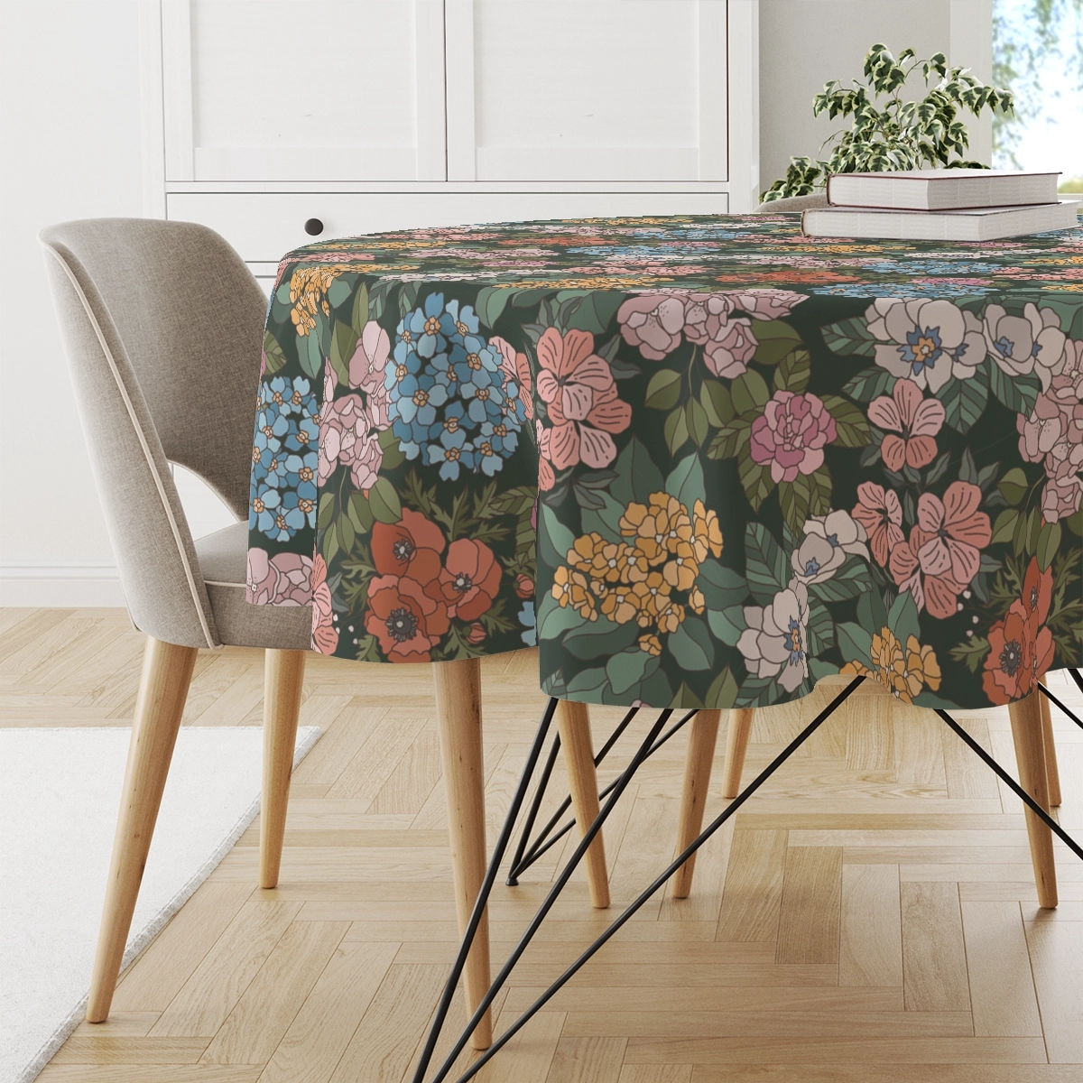 Obrus okrągły FLORAL wzór F40 | letnie kwiaty na ciemnym tle