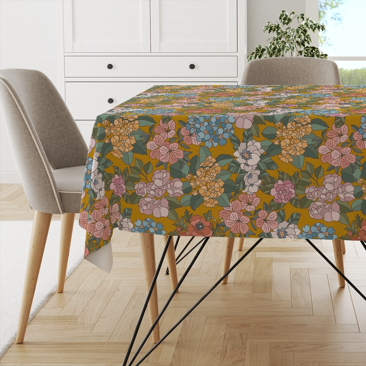 Obrus FLORAL wzór F37 | letnie kwiaty na musztardowym tle