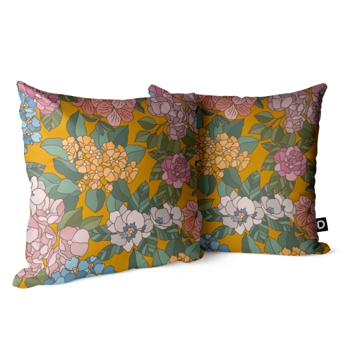 Poduszka dekoracyjna FLORAL wzór F37 | letnie kwiaty na musztardowym tle