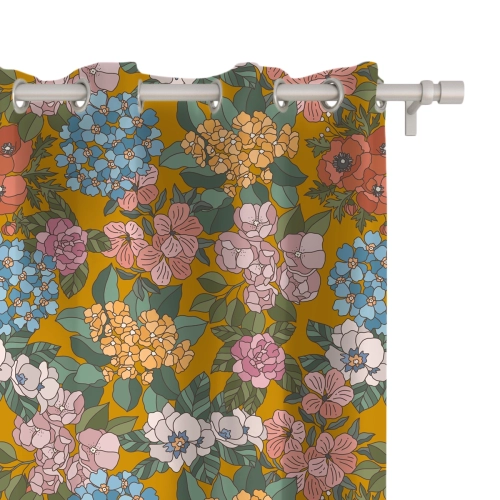 Zasłona FLORAL wzór F37 | letnie kwiaty na musztardowym tle