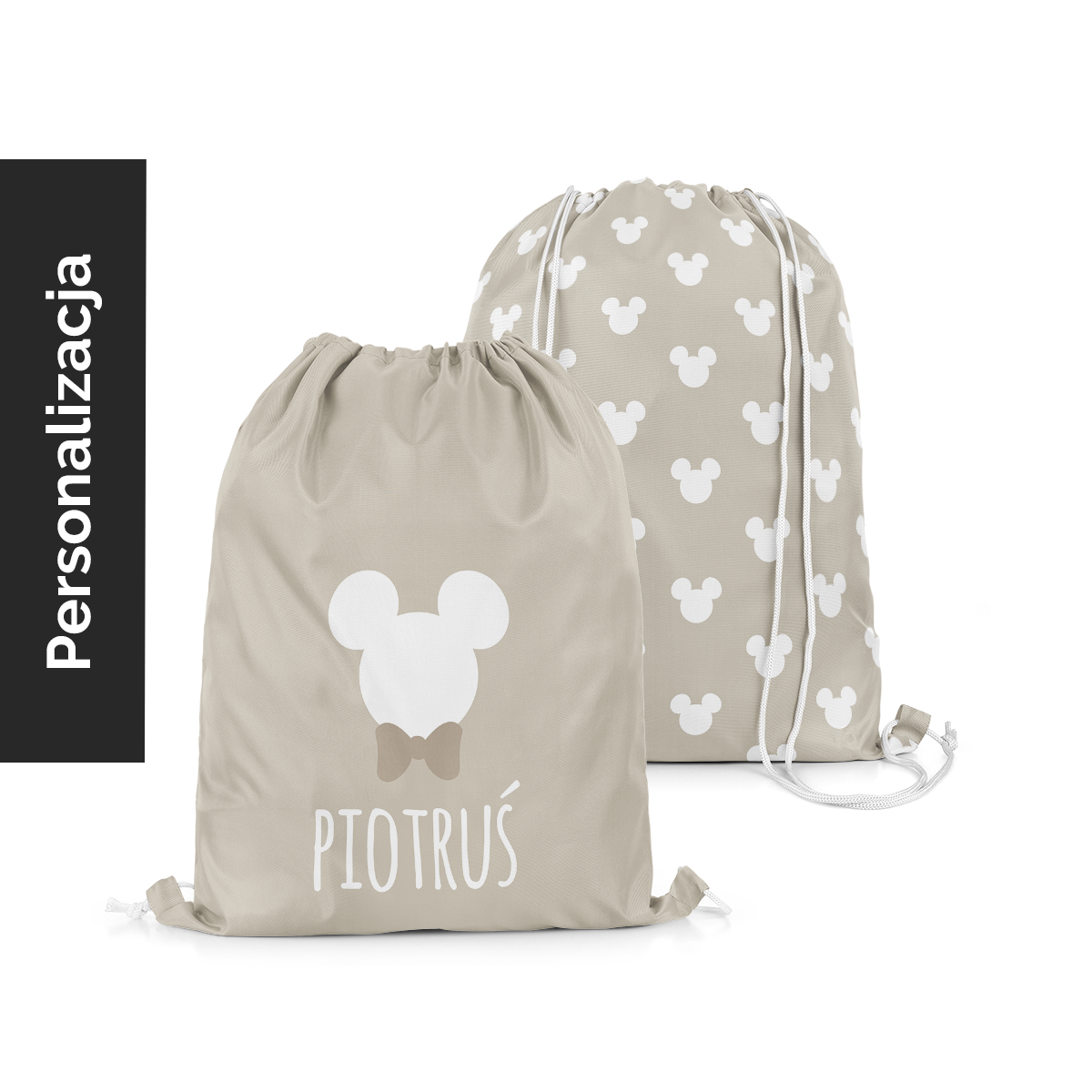 Plecak Worek dla dzieci MICKEY & MINNIE wzór D255 z imieniem | Mickey na beżowym tle