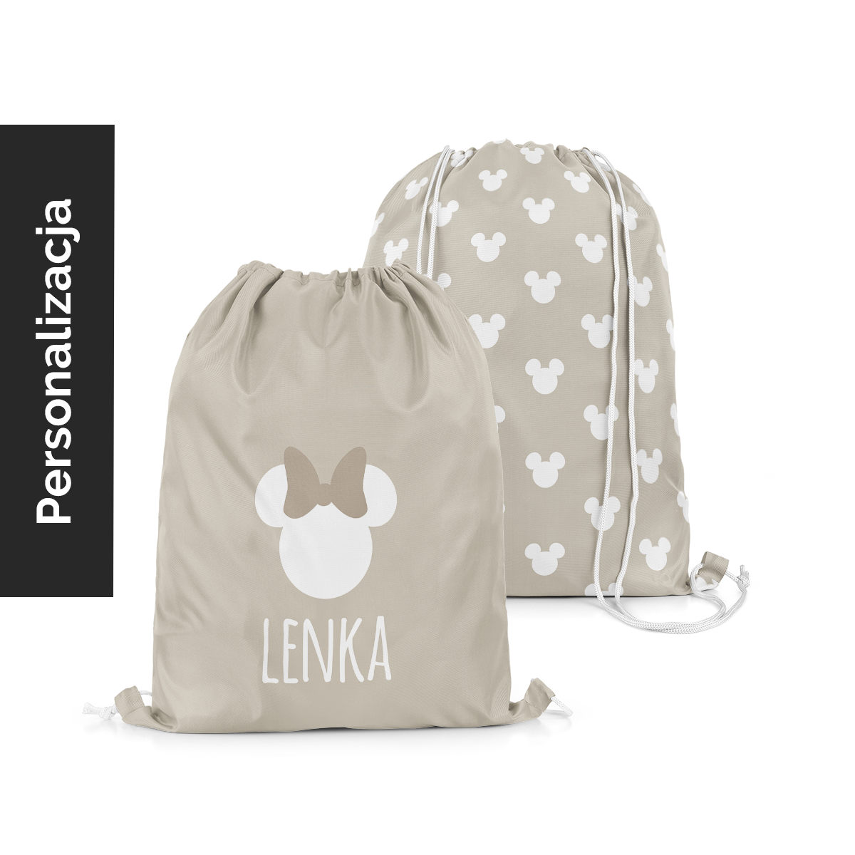 Plecak Worek dla dzieci MICKEY & MINNIE D255 z imieniem | Minnie na beżowym tle