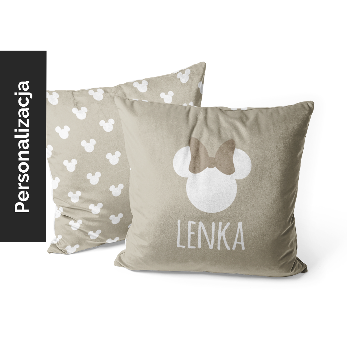Poduszka dla dzieci MICKEY & MINNIE wzór D255 z imieniem | Minnie na beżowym tle