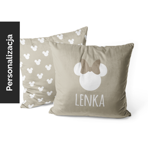 Poduszka dla dzieci MICKEY & MINNIE wzór D255 z imieniem | Minnie na beżowym tle 
