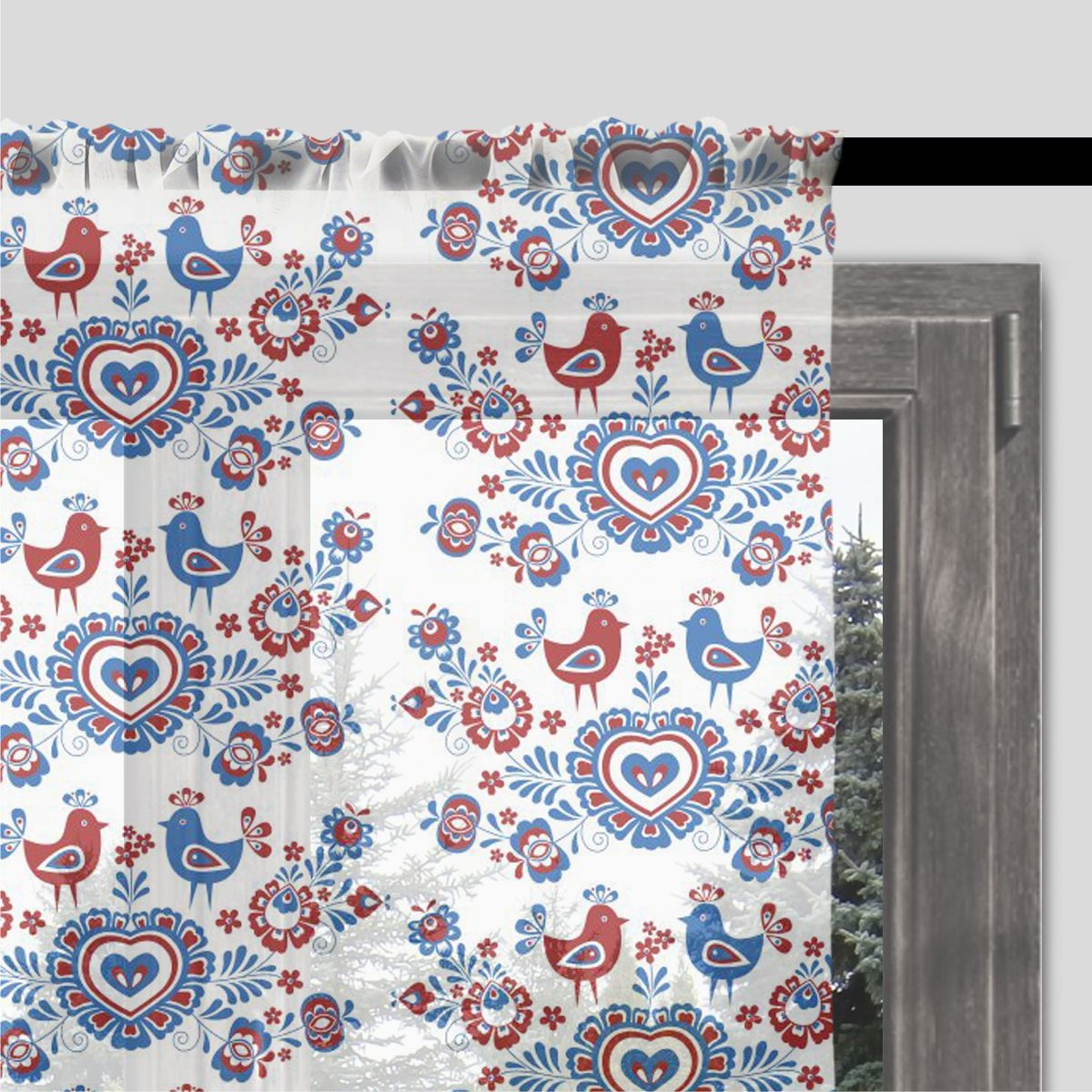 Firana FOLK wzór L05 | polski wzór z kurami i sercami