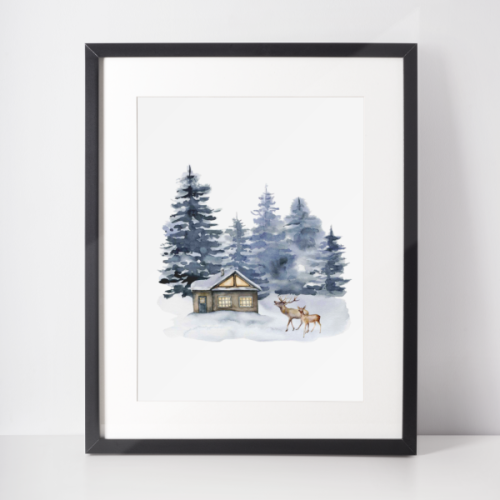 Plakat świąteczny WINTER | chatka w lesie