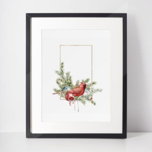 Plakat świąteczny WINTER | czerwony ptak w złotej ramce