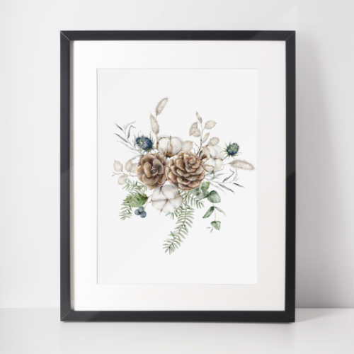 Plakat świąteczny WINTER | stroik z szyszkami i bawełną
