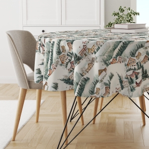 Obrus okrągły WINTER wzór BN78 | Zimowe domki