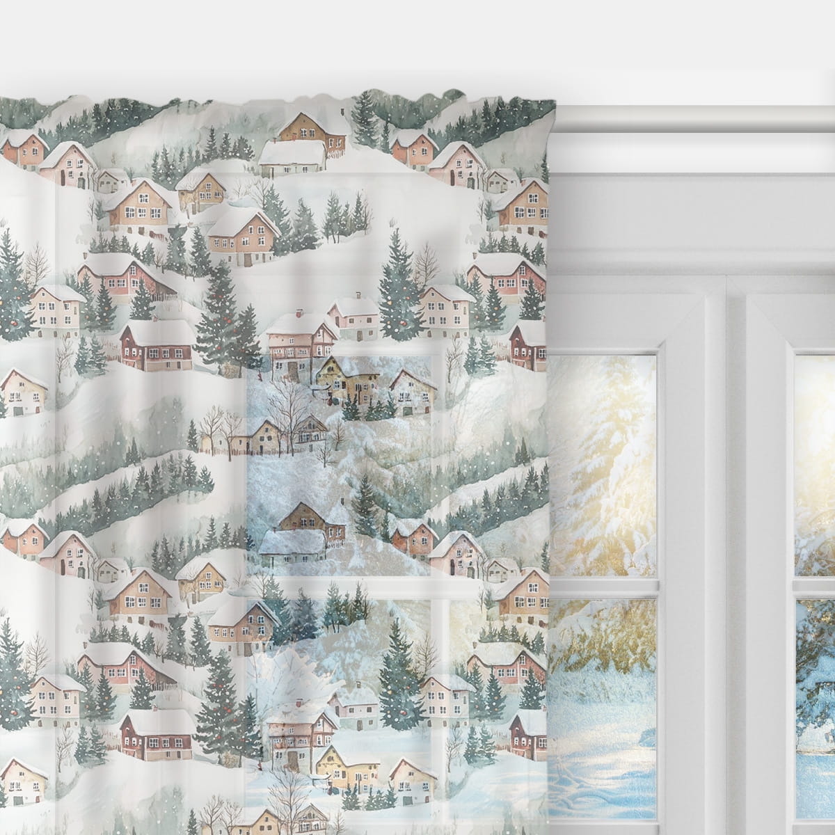 Firana WINTER wzór BN78 | Zimowe domki