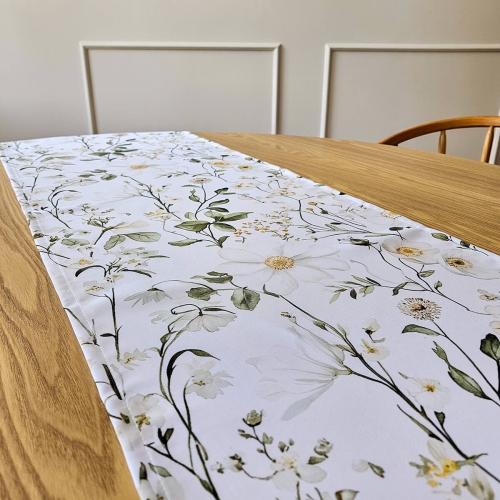 Bieżnik FLORAL wzór F42 | białe kwiatki